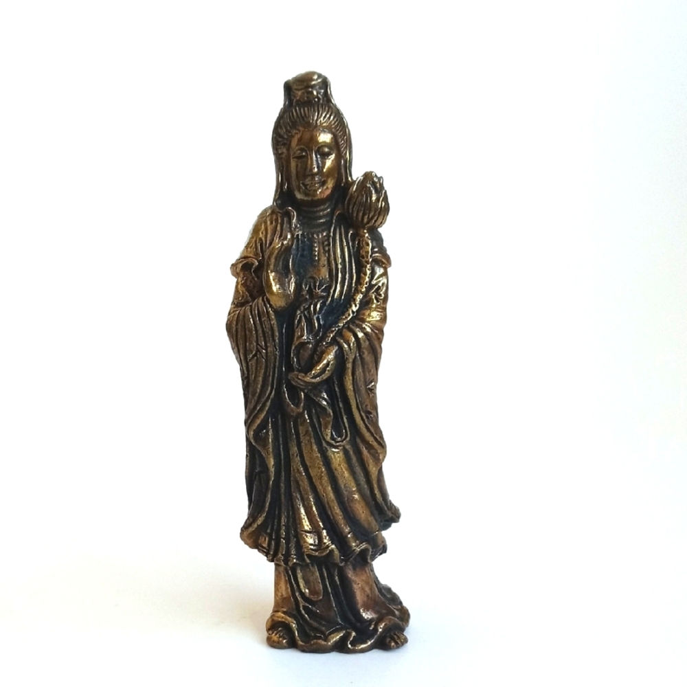 Antique Vintage Elegant Bronzed Brass Figurine With Lotus Flower From India
